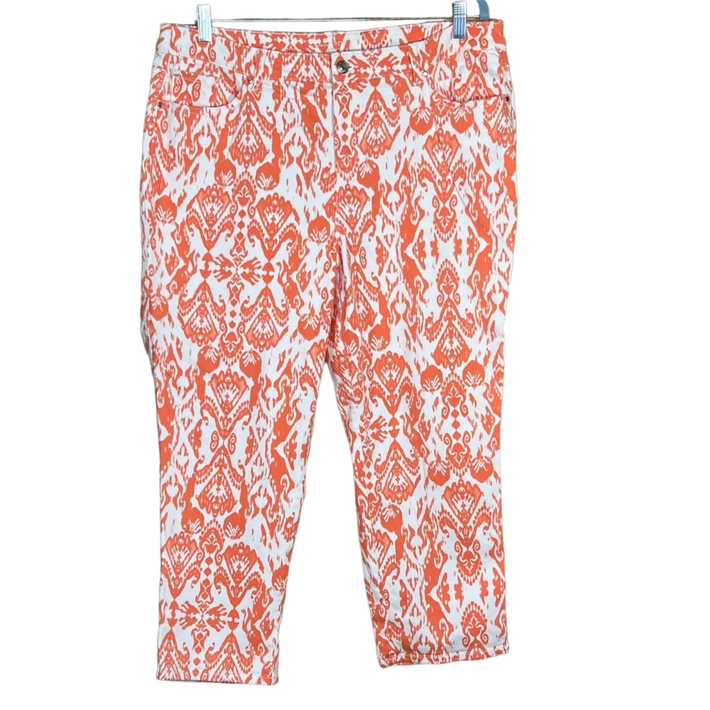 Chico’s The Platinum Crop Coral Ikat Print Women’s Cropped Pants Chico’s…